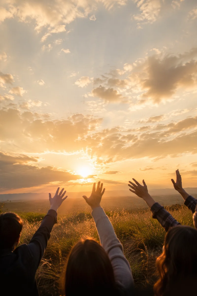 Praise Hands Lifted Toward Golden Sunset