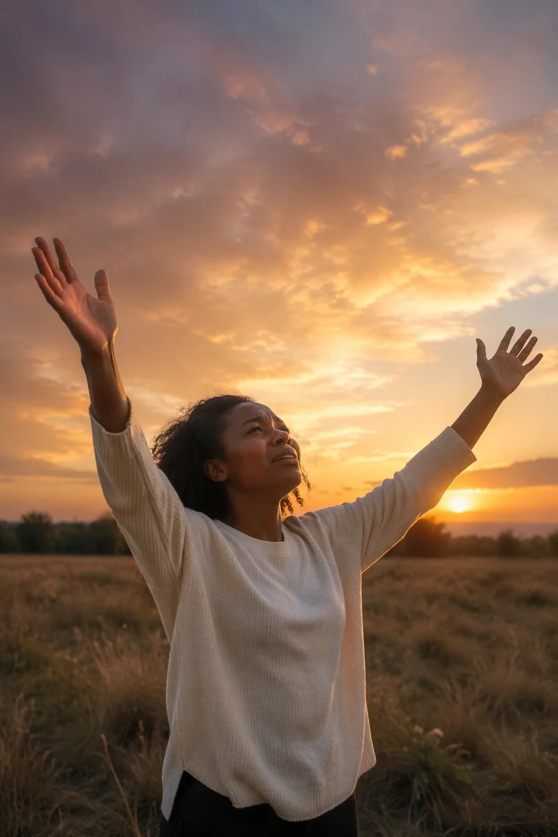 Woman Raising Hands at Golden Sunset