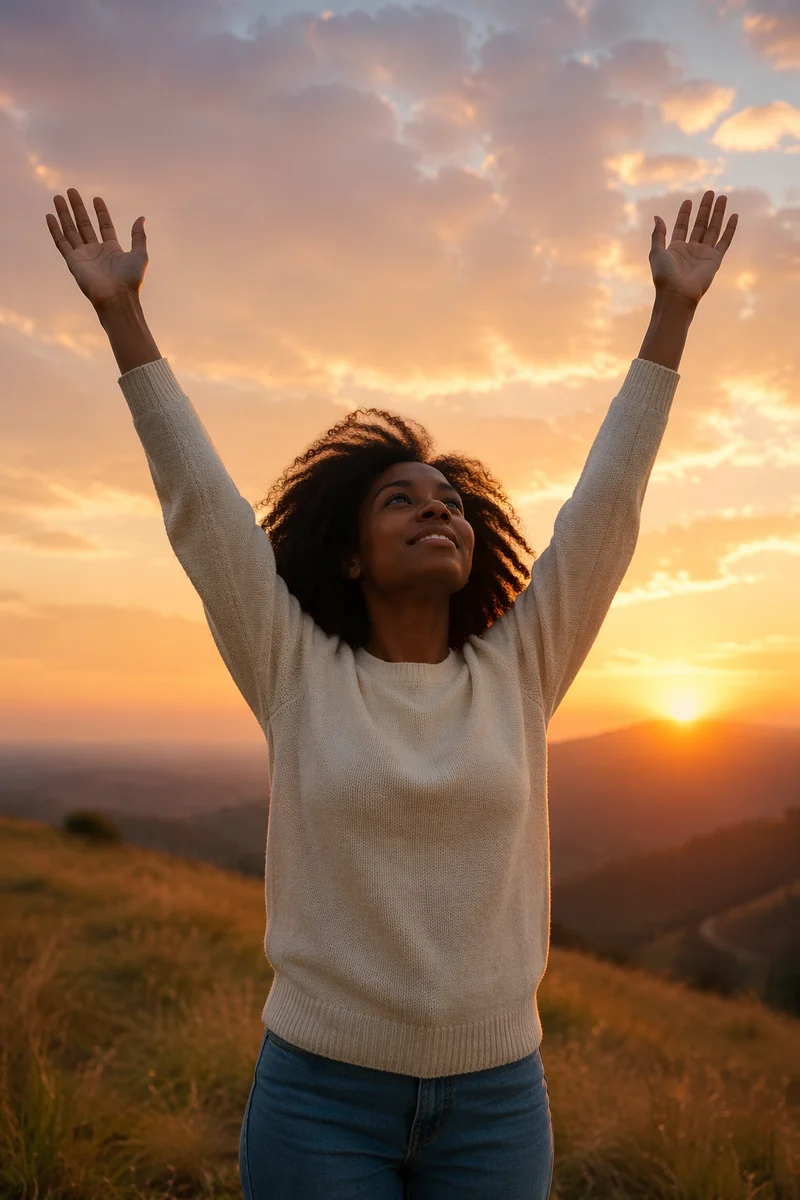 Woman Raising Hands at Golden Sunset