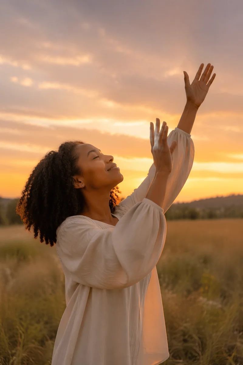 Woman Lifting Hands at Golden Sunset
