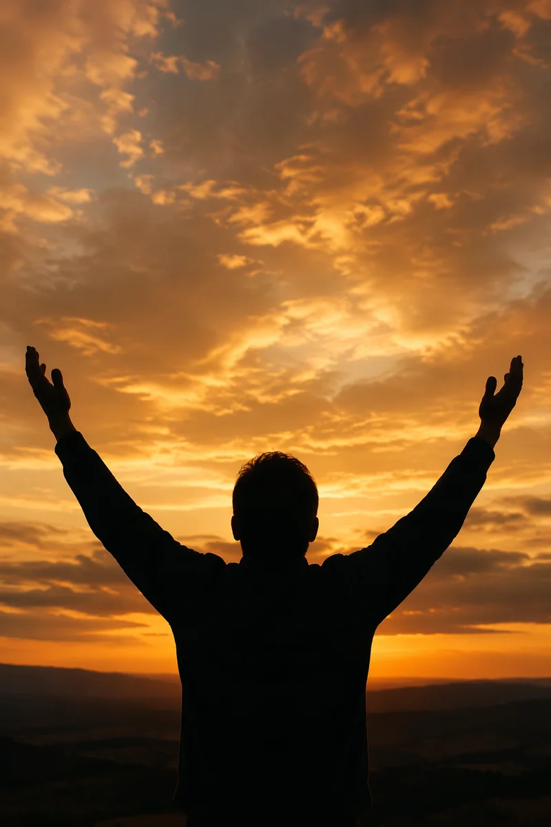 Silhouetted Praise Hands Under Golden Sunset