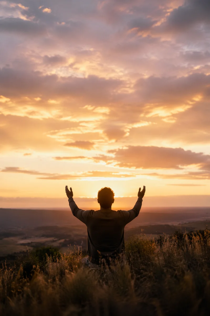 Praise Hands Raised in Golden Sunset