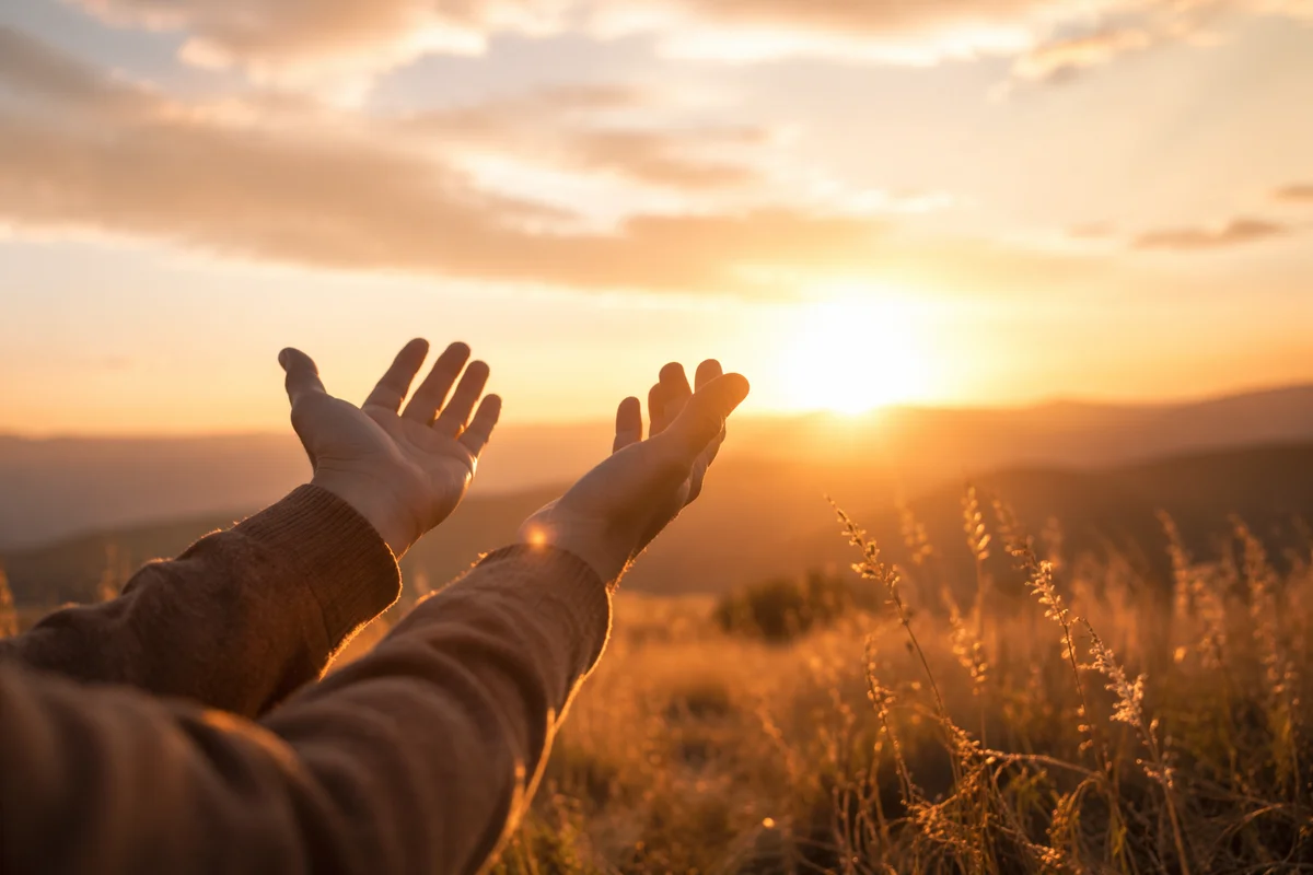 Hands Raised in Golden Sunset Praise