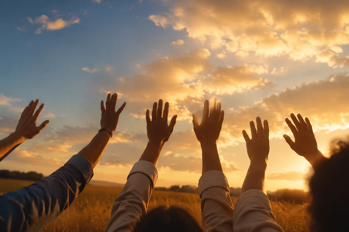 Praise Hands Lifted in Golden Sunset
