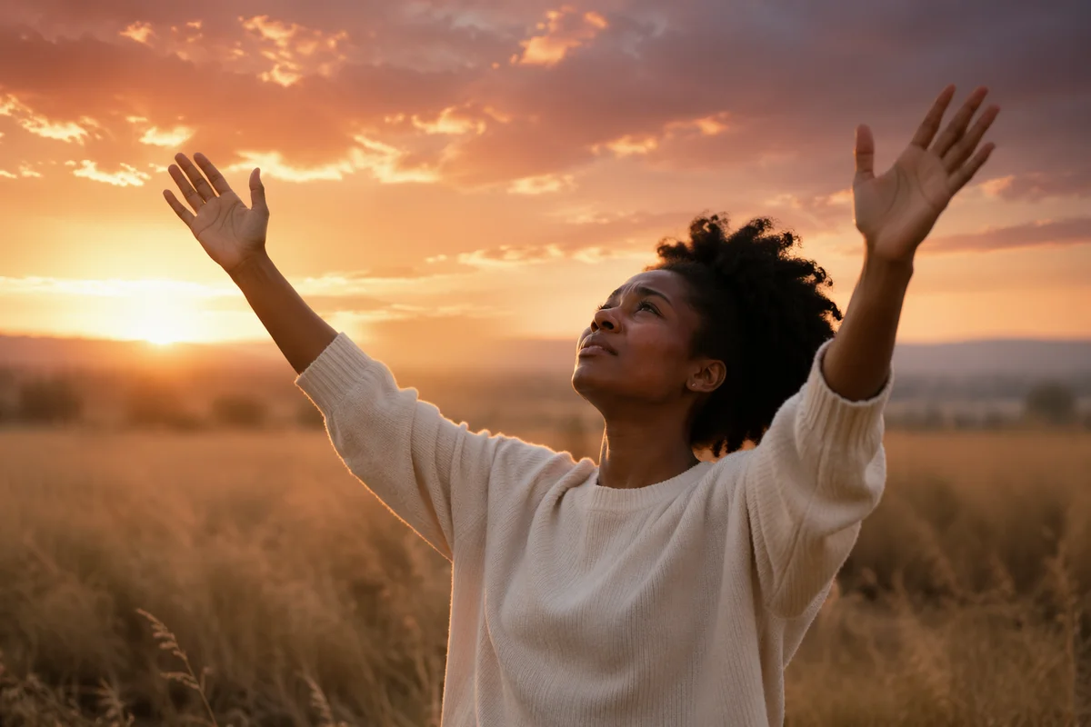 Woman Raising Hands in Sunset Field