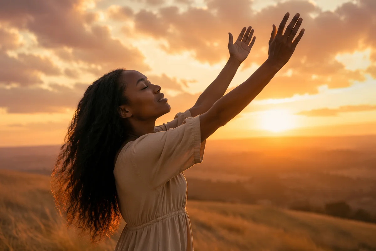 Woman Lifting Hands at Golden Sunset