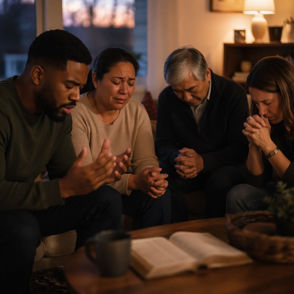 Emotional Prayer Group in Living Room