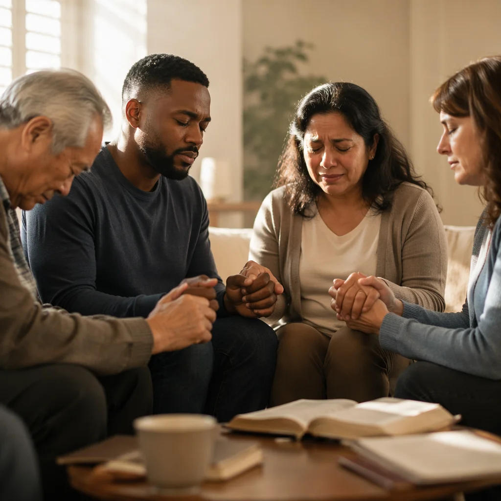 Emotional Prayer Group in Sunlit Living Room
