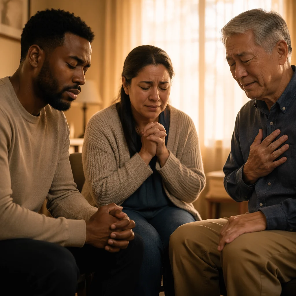 Emotional Prayer Group in Living Room