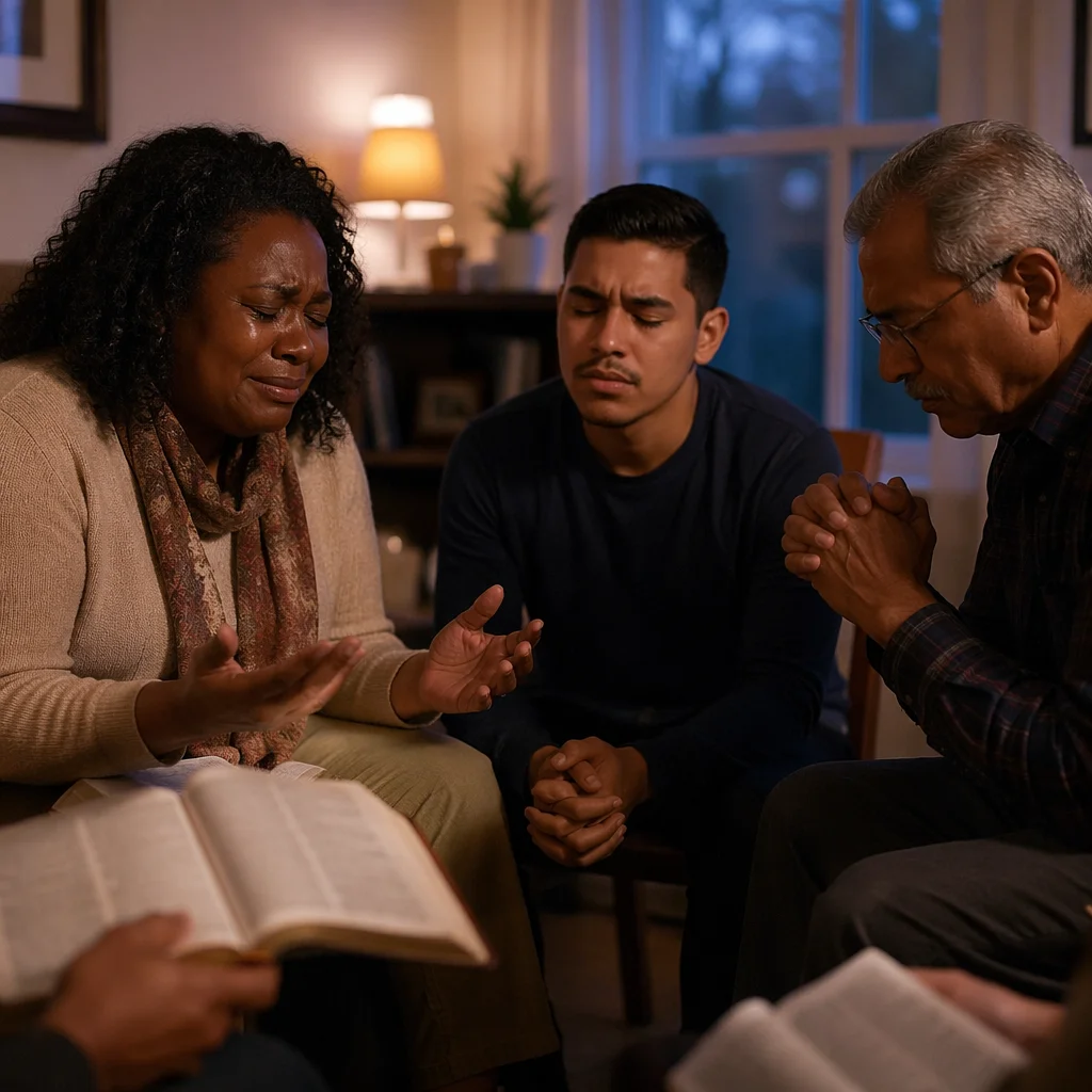Emotional Prayer Group in Living Room