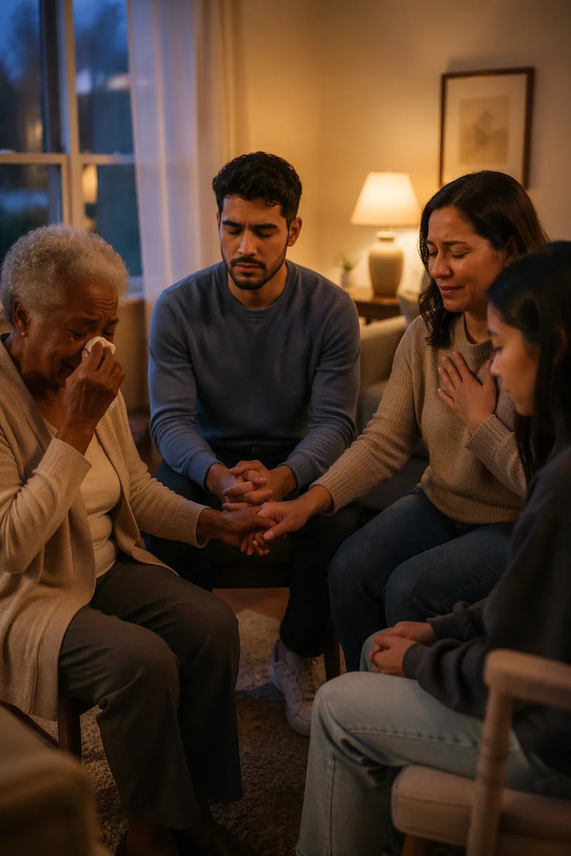 Emotional Prayer Group in Living Room
