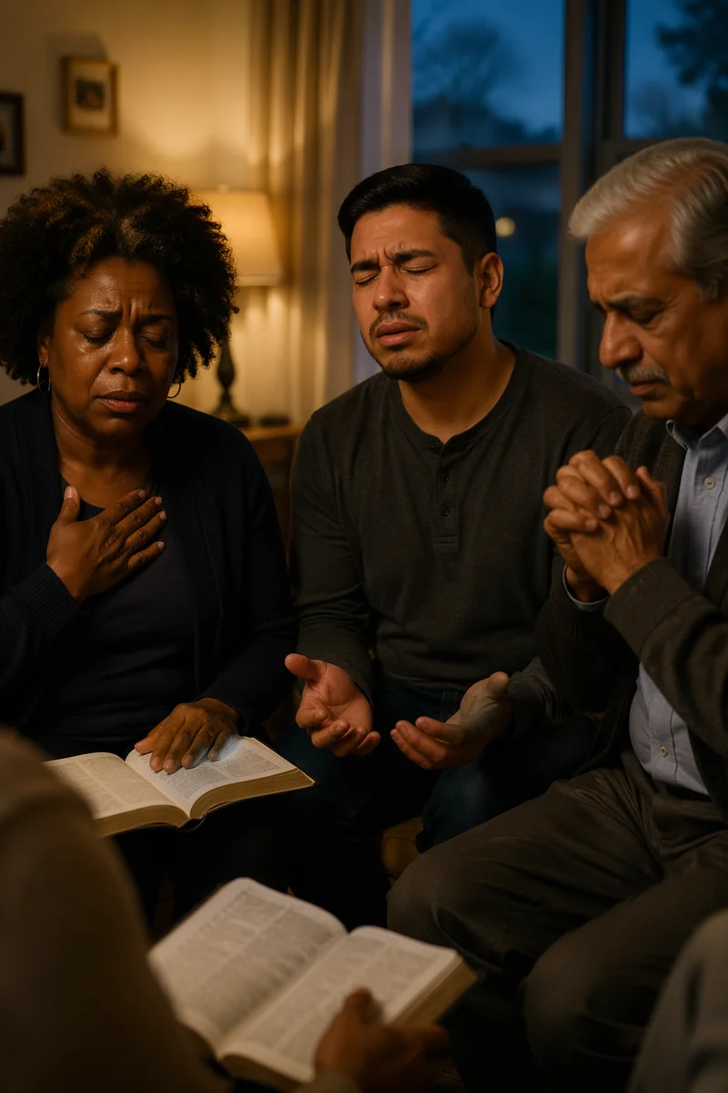 Emotional Prayer Group in Living Room