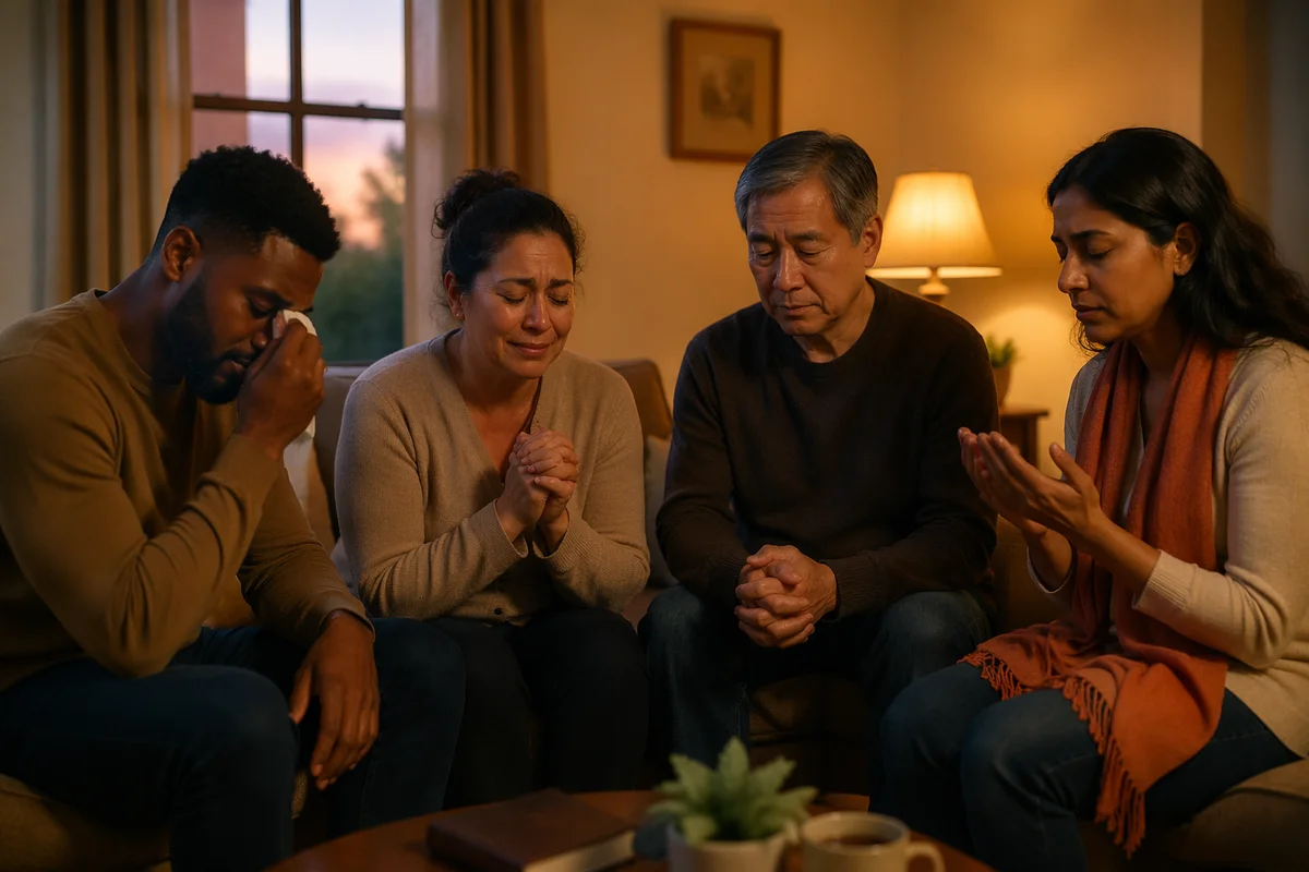 Emotional Prayer Group in Living Room