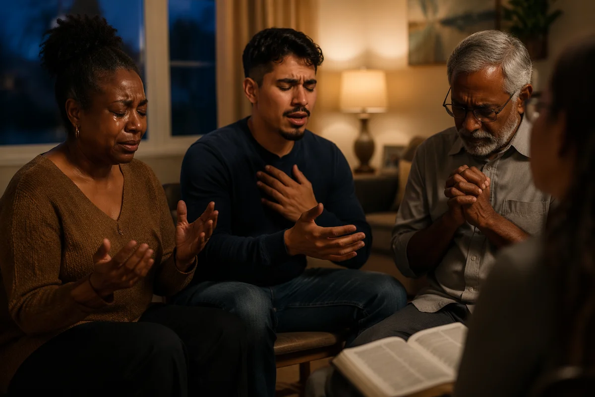 Emotional Prayer Group in Living Room