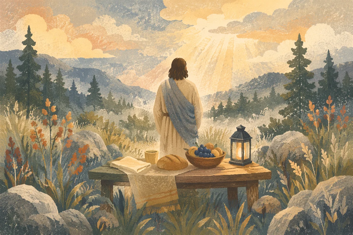 Provision Table in a Misty Wilderness Clearing