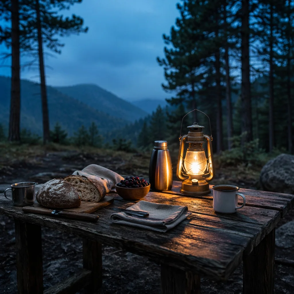 Rustic Table in Misty Forest Clearing