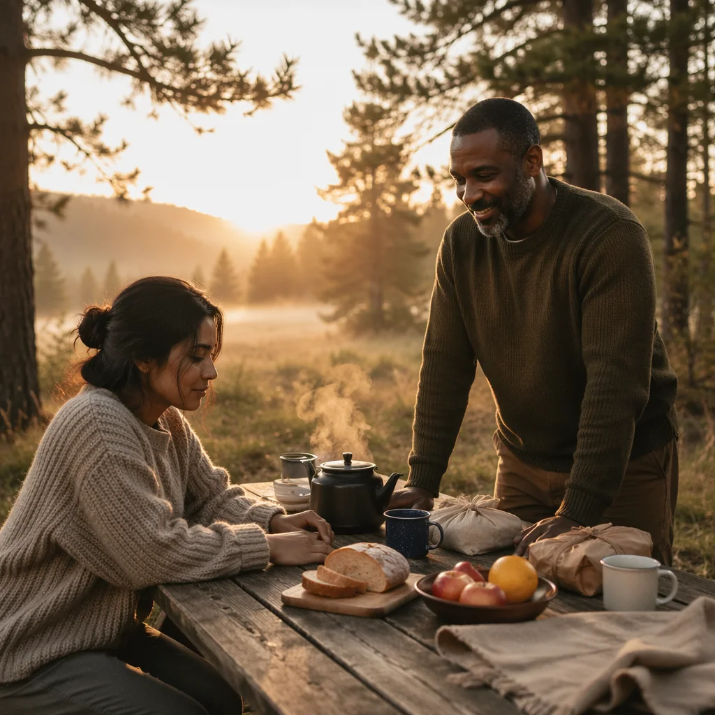 Rustic Breakfast Table in Forest Clearing