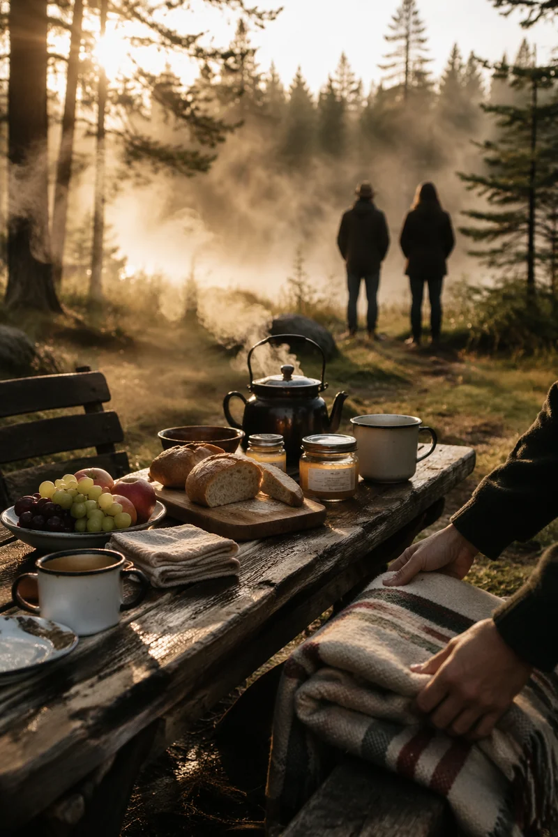 Provision Table in a Misty Wilderness Clearing