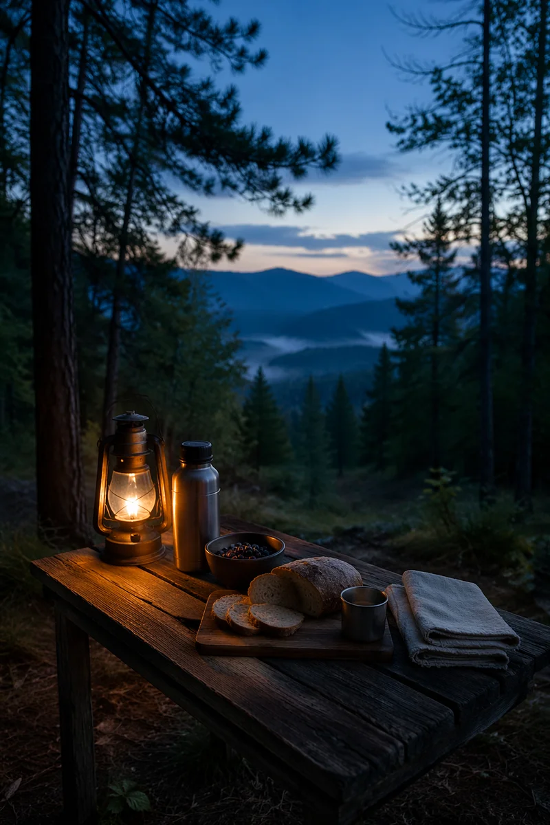 Rustic Provision Table in Wilderness Clearing