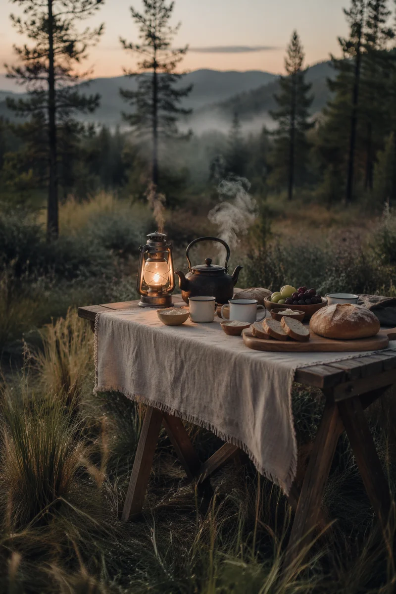 Rustic Provision Table in Misty Clearing