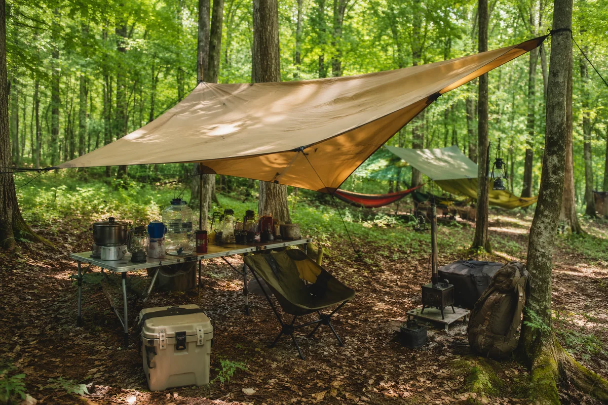 Prepared Wilderness Provision Table Under Forest Tarp