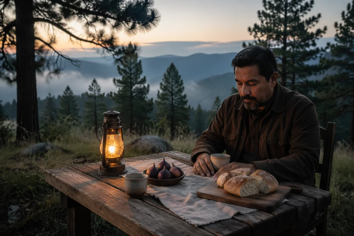 Solitary Table in Misty Pine Wilderness