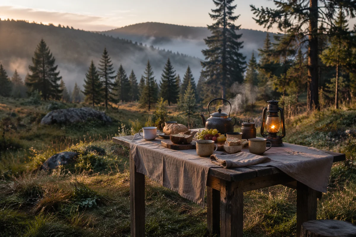 Rustic Provision Table in Misty Wilderness