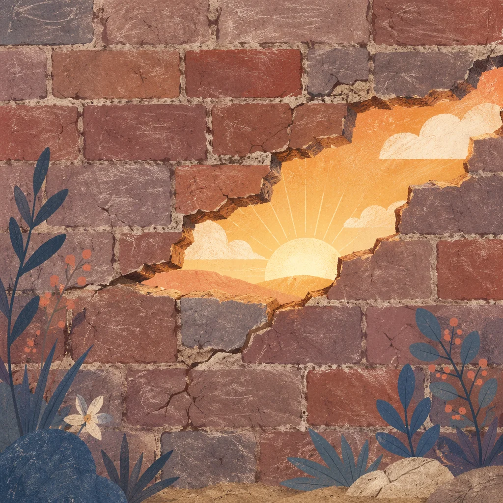 Redemption Sunrise Through Broken Brick Wall