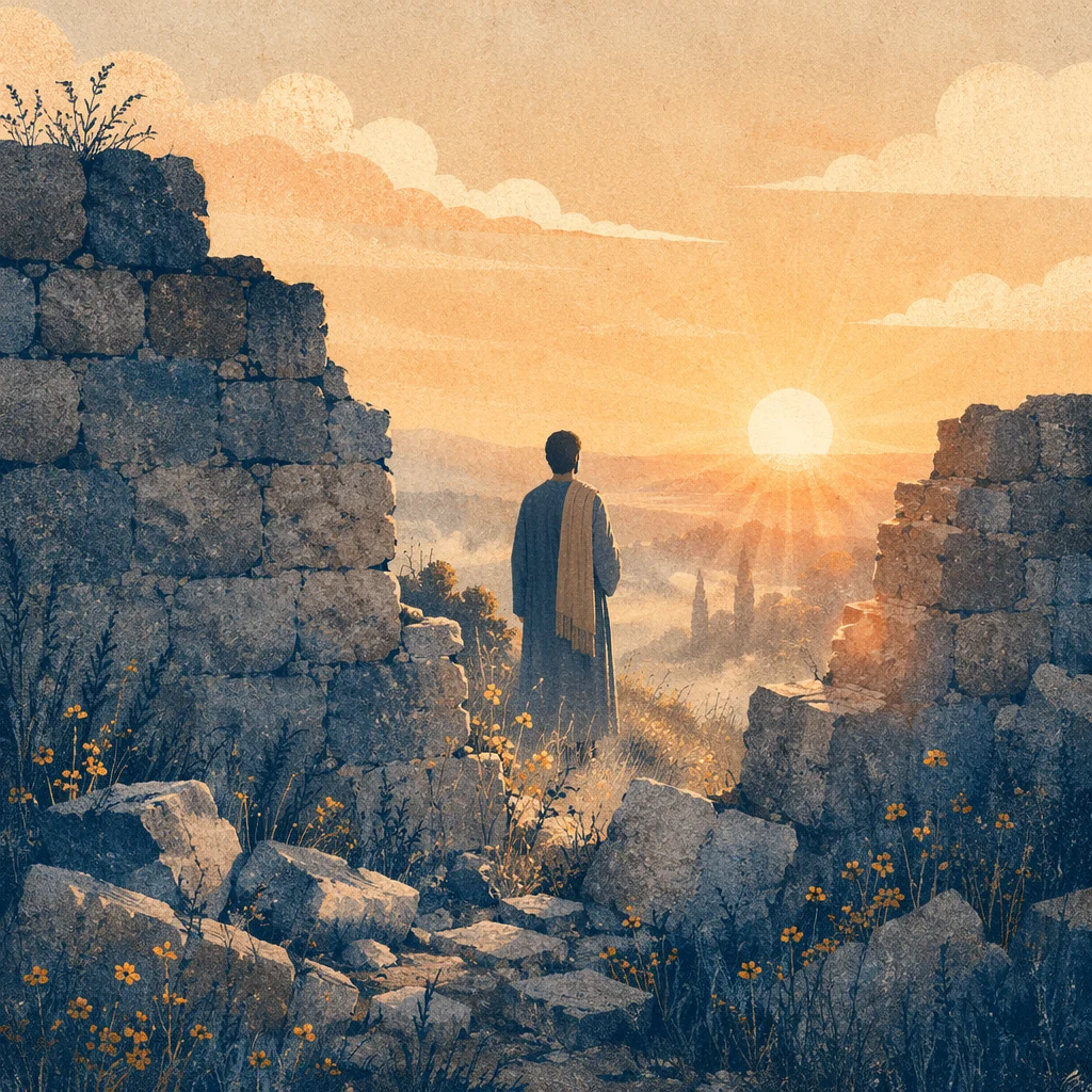 Redemption Sunrise Beyond a Broken Stone Wall