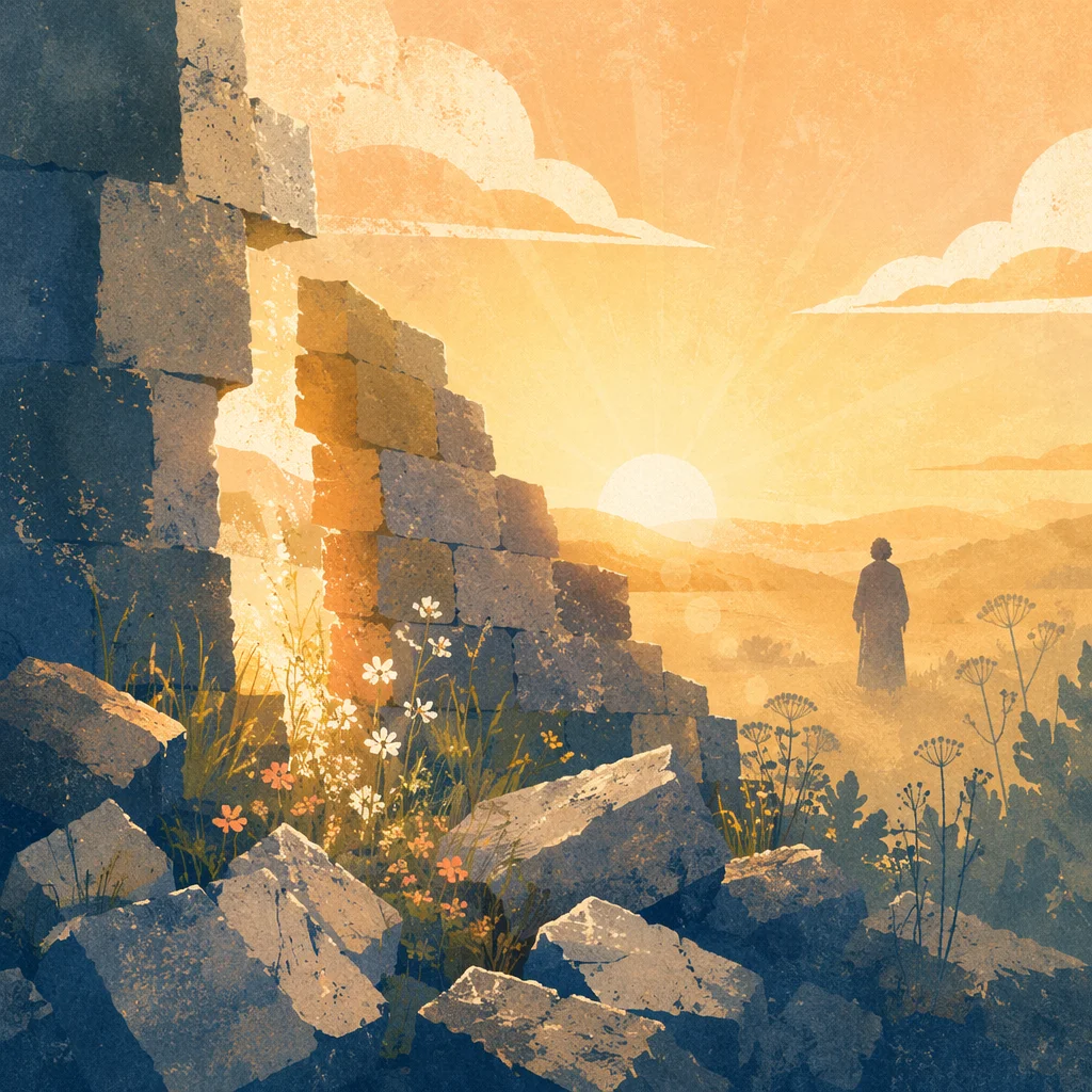 Redemption Sunrise Through Broken Stone Wall