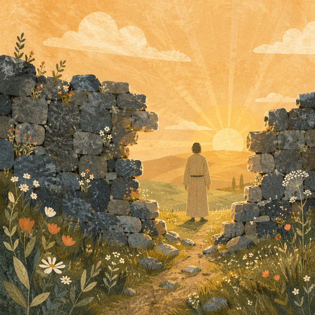 Redemption Sunrise Beyond Broken Stone Wall