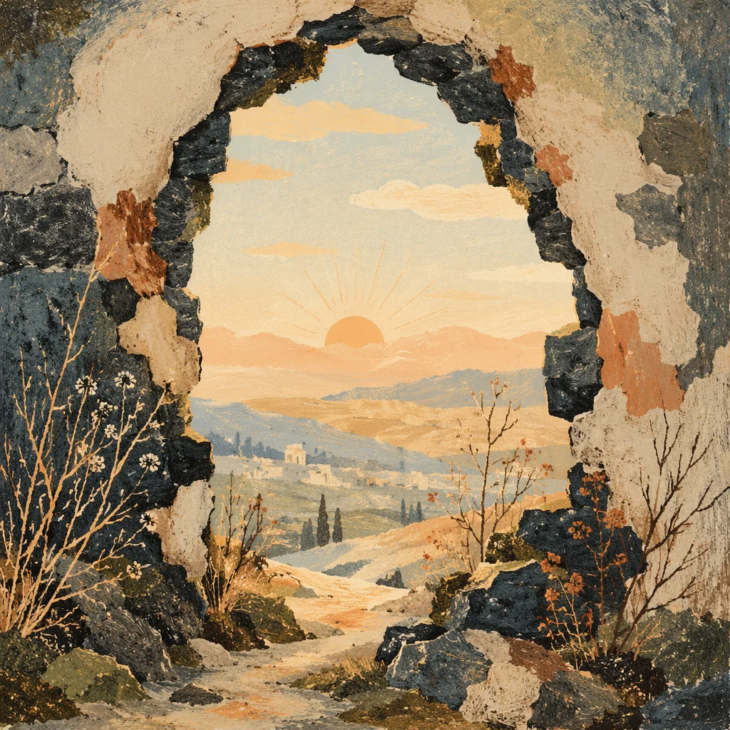 Redemption Sunrise Through Broken Stone Wall