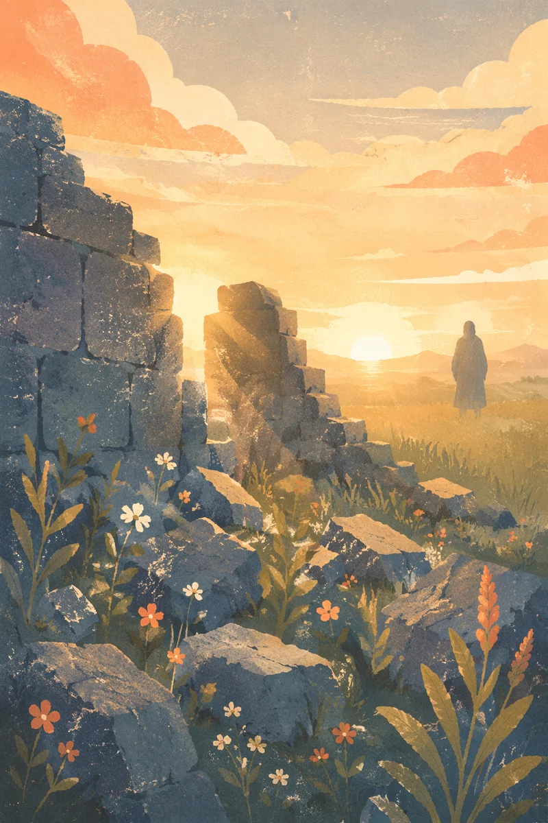 Redemption Sunrise Through Broken Stone Wall
