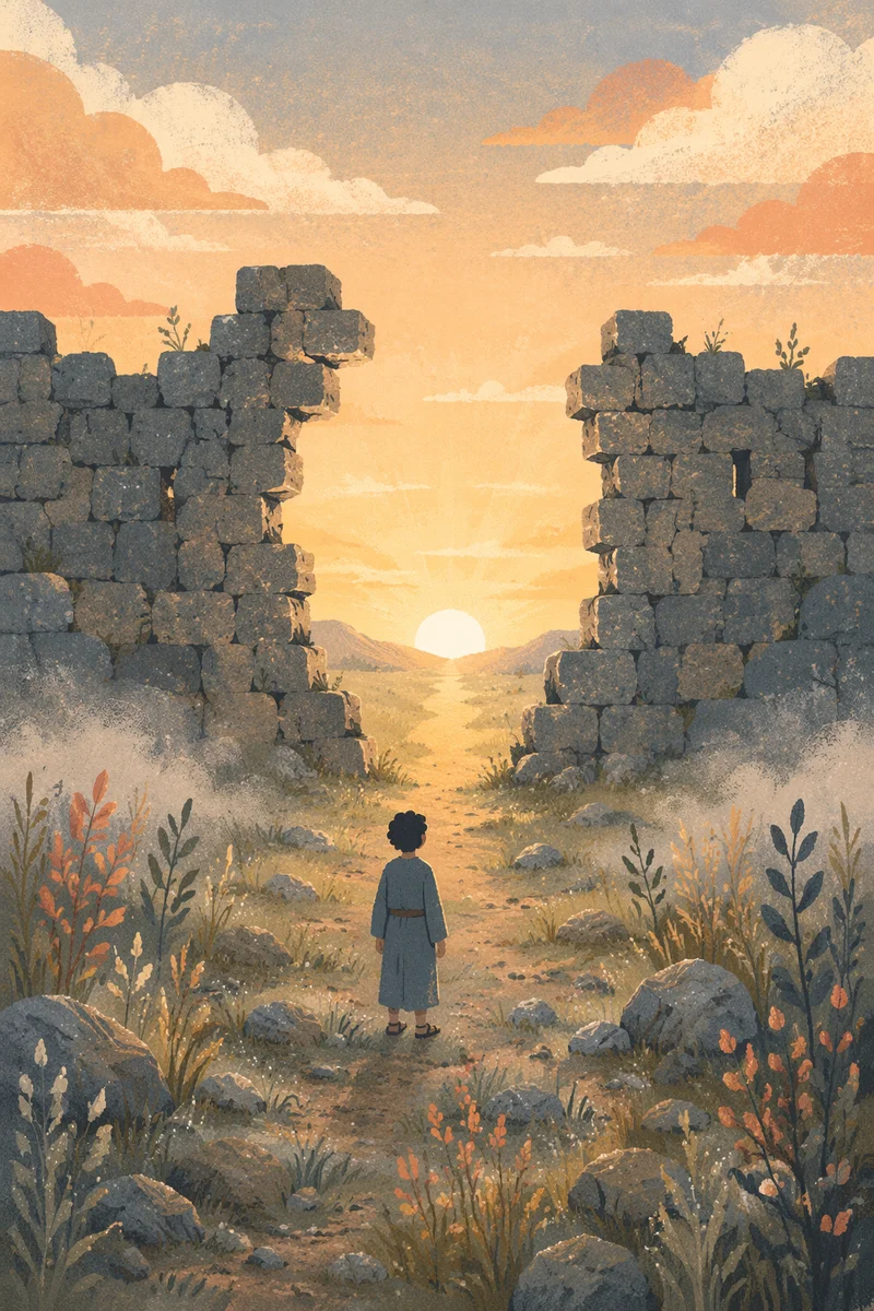 Redemption Sunrise Through Broken Stone Wall