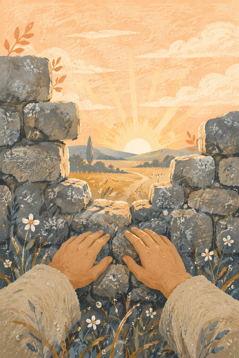 Redemption Sunrise Beyond a Broken Stone Wall