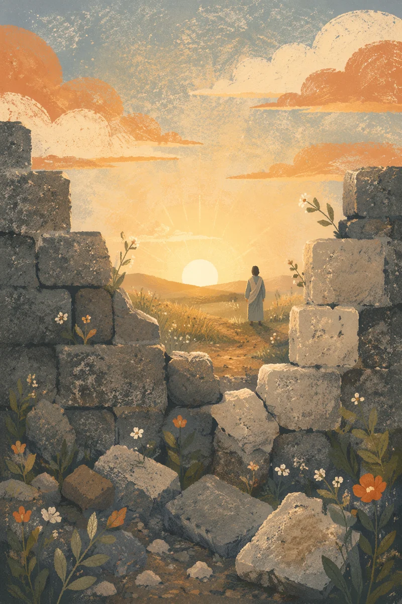 Redemption Sunrise Beyond a Broken Stone Wall