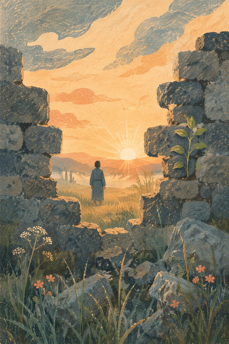 Redemption Sunrise Through Broken Stone Wall
