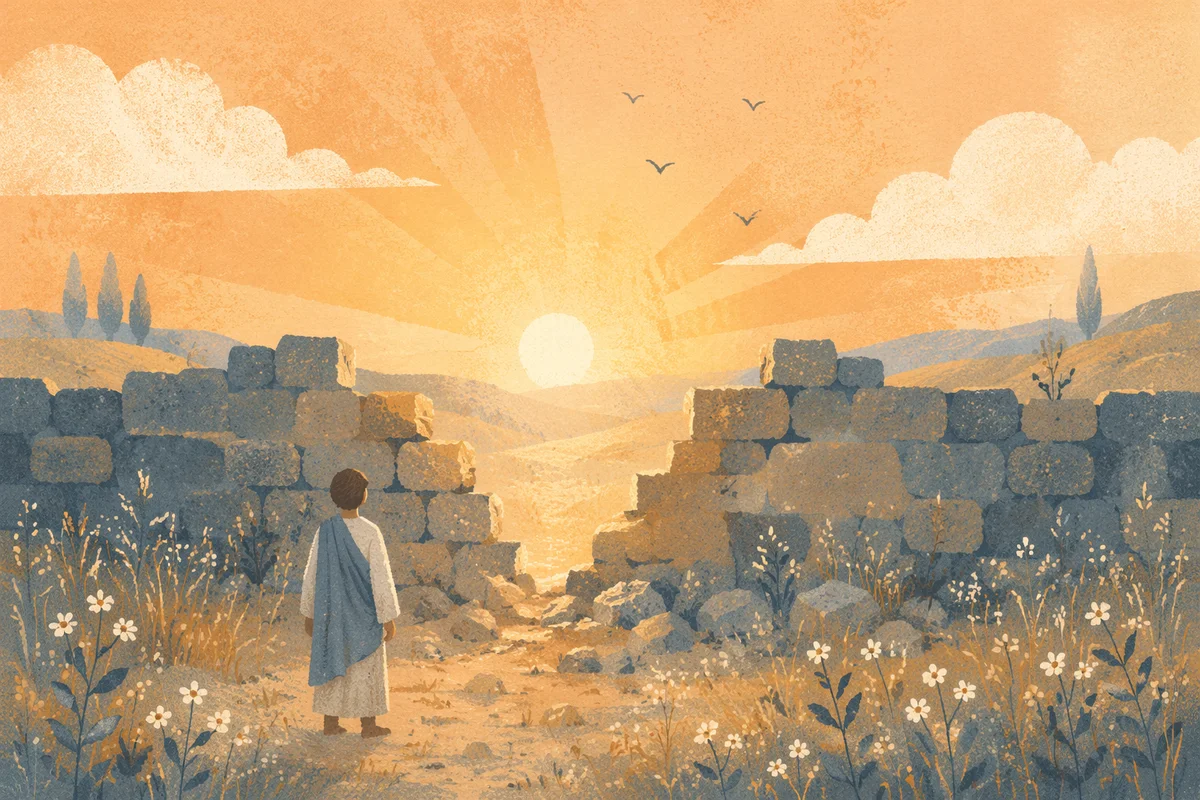 Redemption Sunrise Through Broken Stone Wall