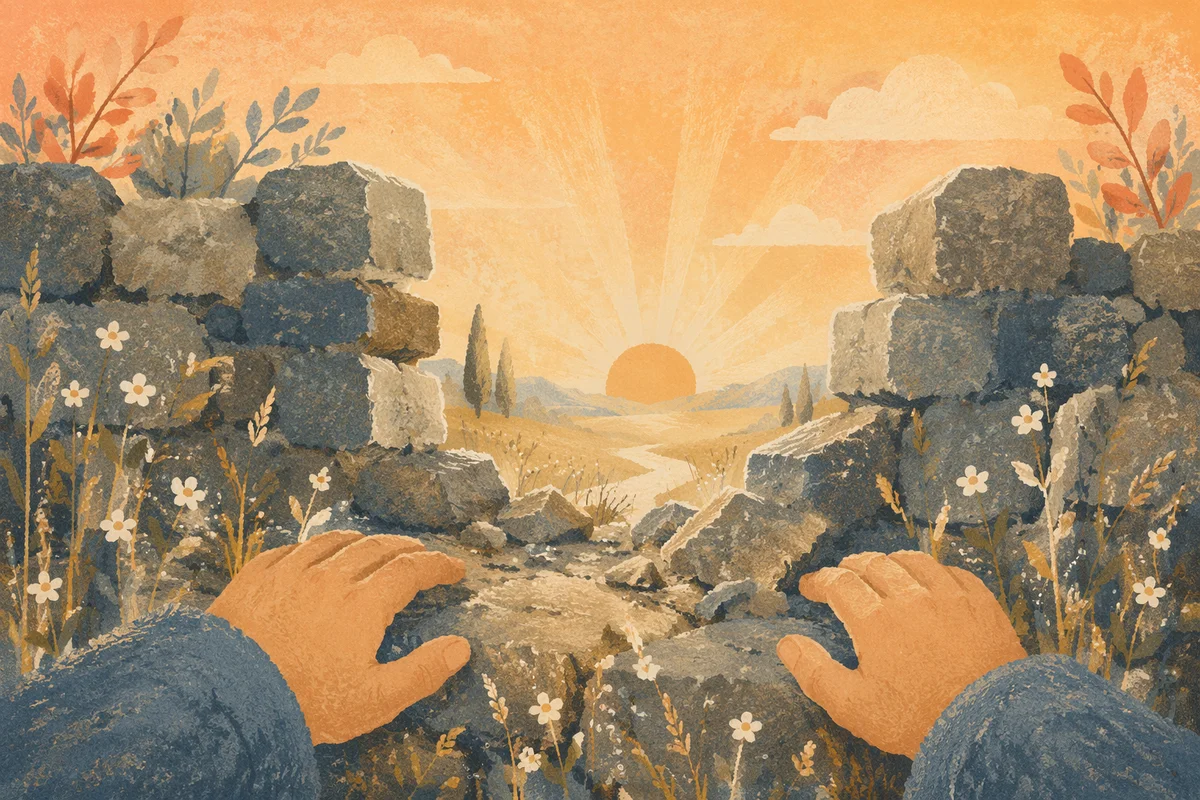 Redemption Sunrise Beyond a Broken Stone Wall