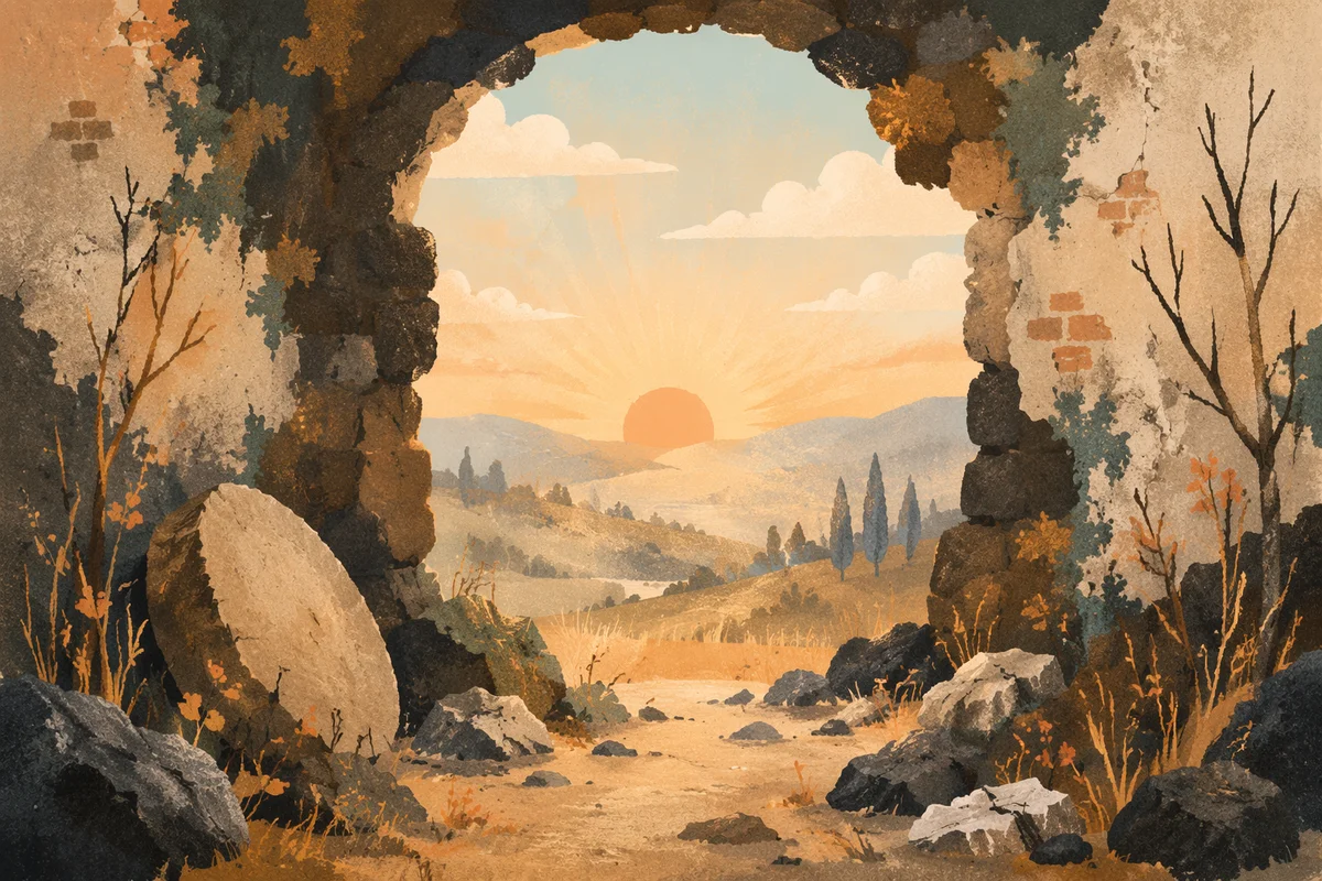 Redemption Sunrise Through a Broken Stone Wall