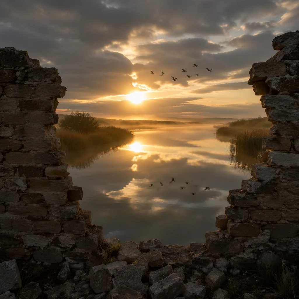 Redemption Sunrise Beyond a Broken Stone Wall