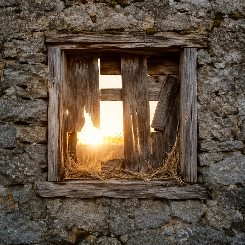Redemption Sunrise Through Broken Stone Wall