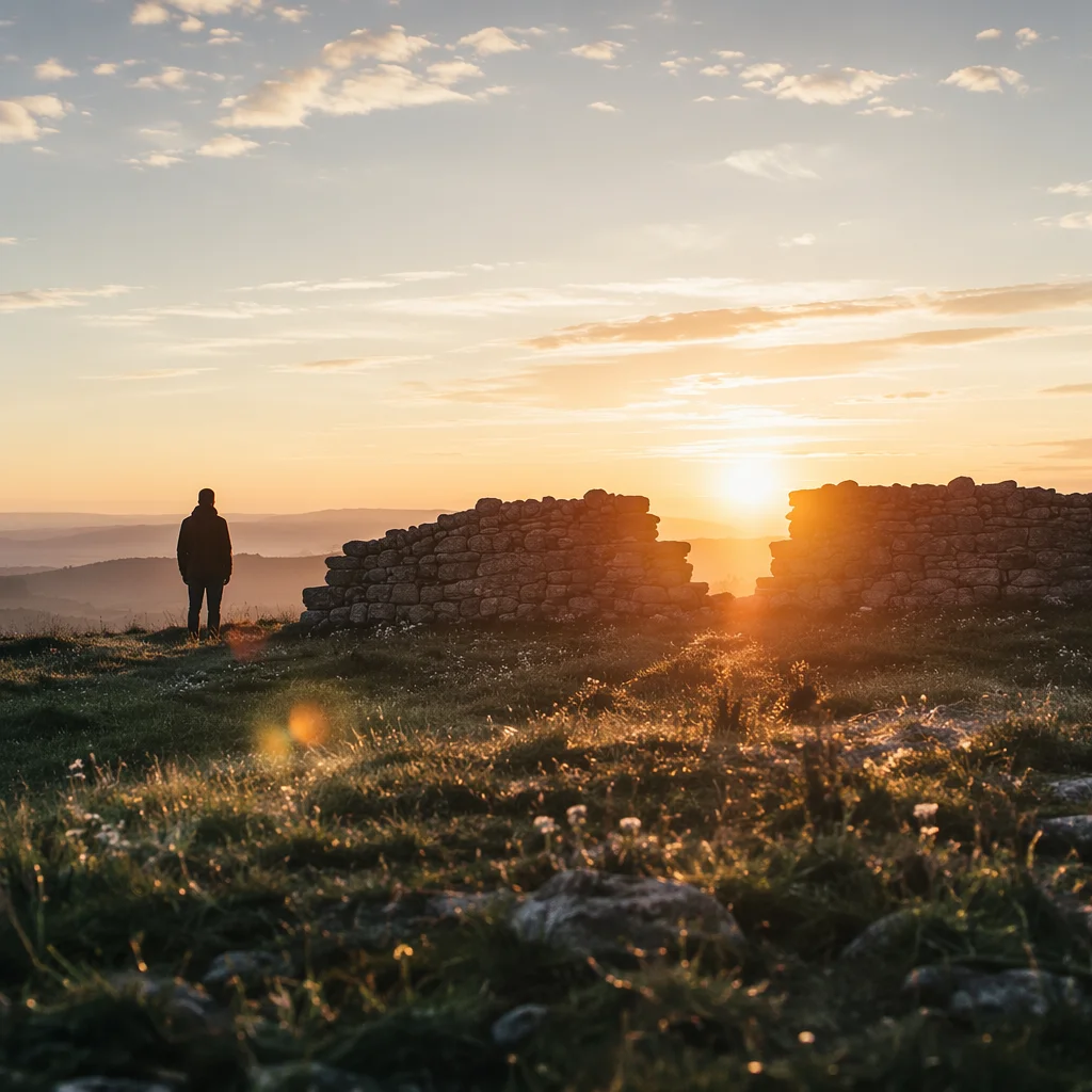 Redemption Sunrise Through Broken Stone Wall