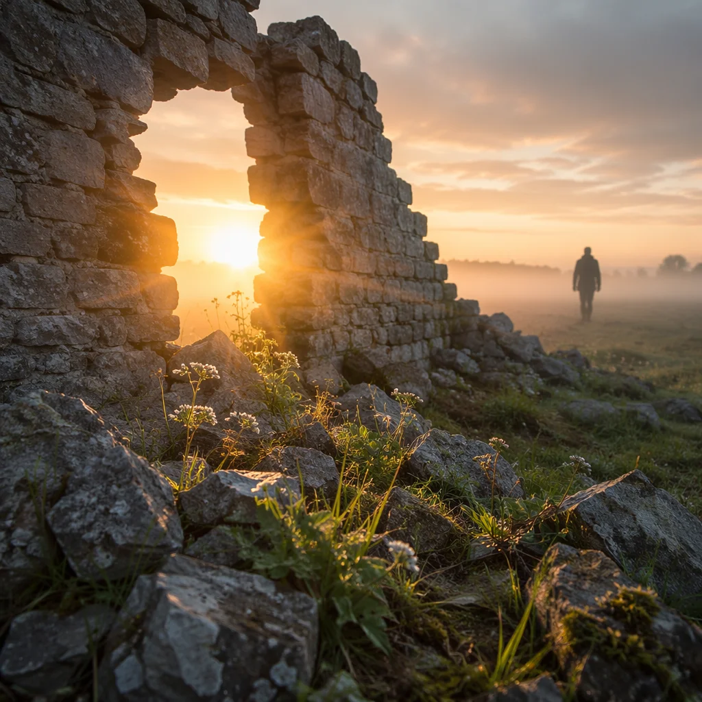 Redemption Sunrise Through Broken Stone Wall