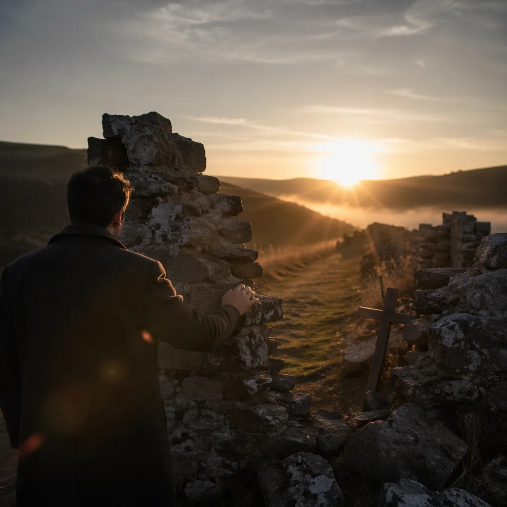 Redemption Sunrise Beyond Broken Stone Wall