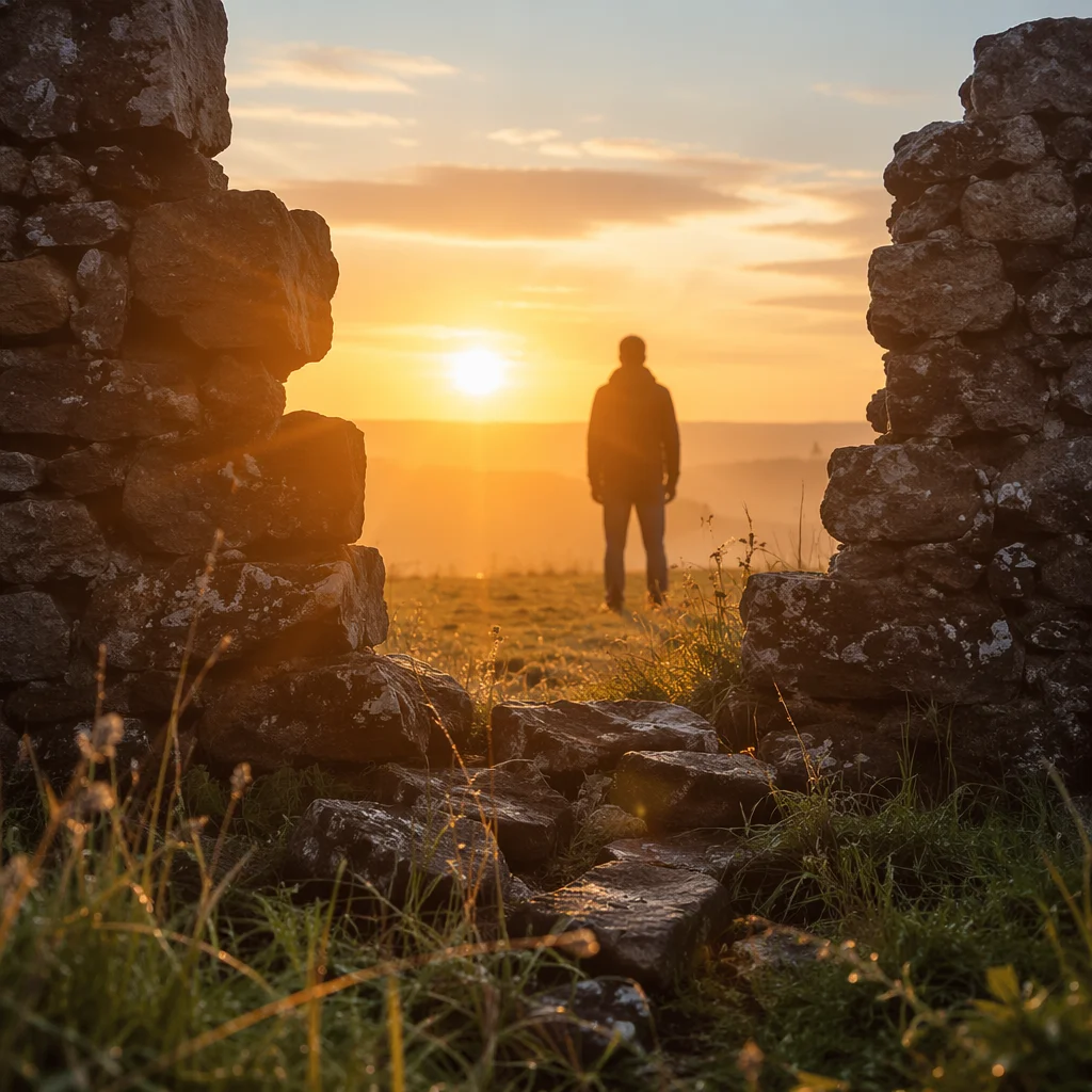 Redemption Sunrise Beyond Broken Stone Wall