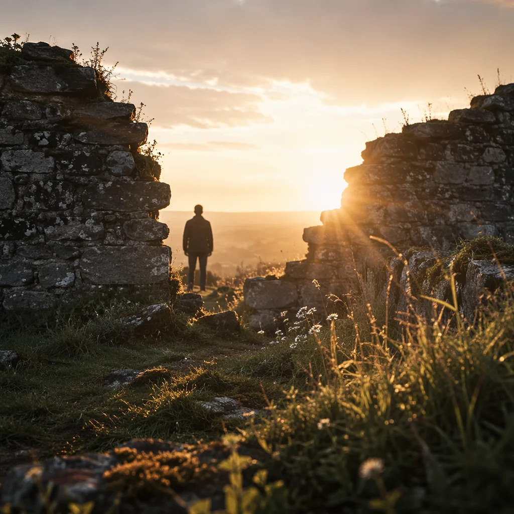 Redemption Sunrise Through a Broken Stone Wall