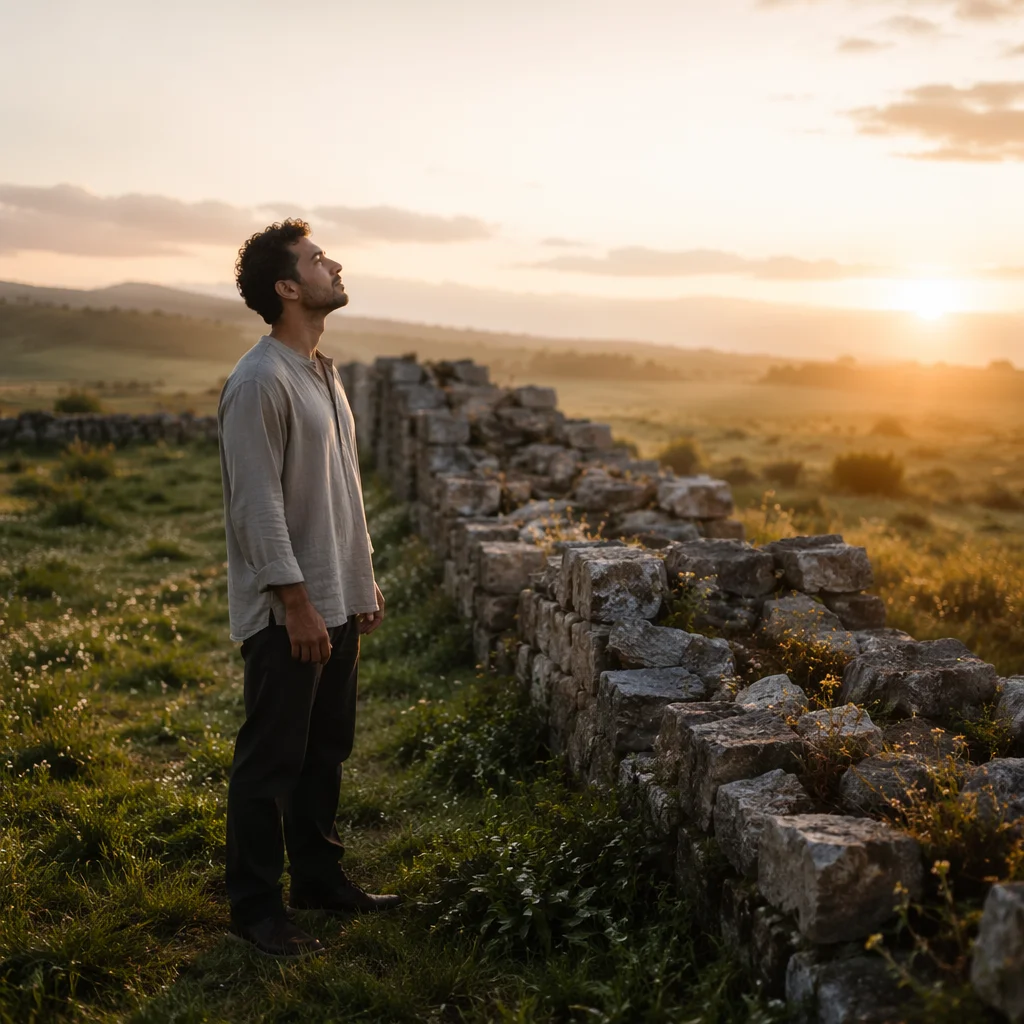 Young Man by Broken Wall at Sunrise