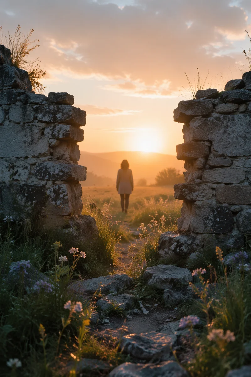 Redemption Sunrise Through Broken Stone Wall