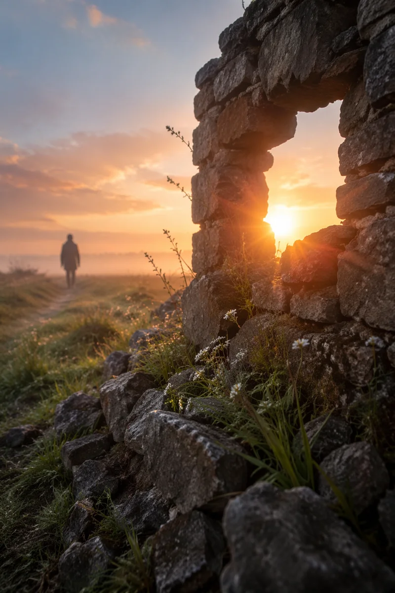 Sunrise Redemption Through a Broken Wall